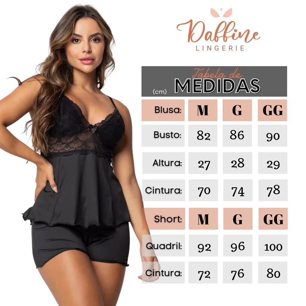 BabyDoll Love com shorts doll com aplicações em renda