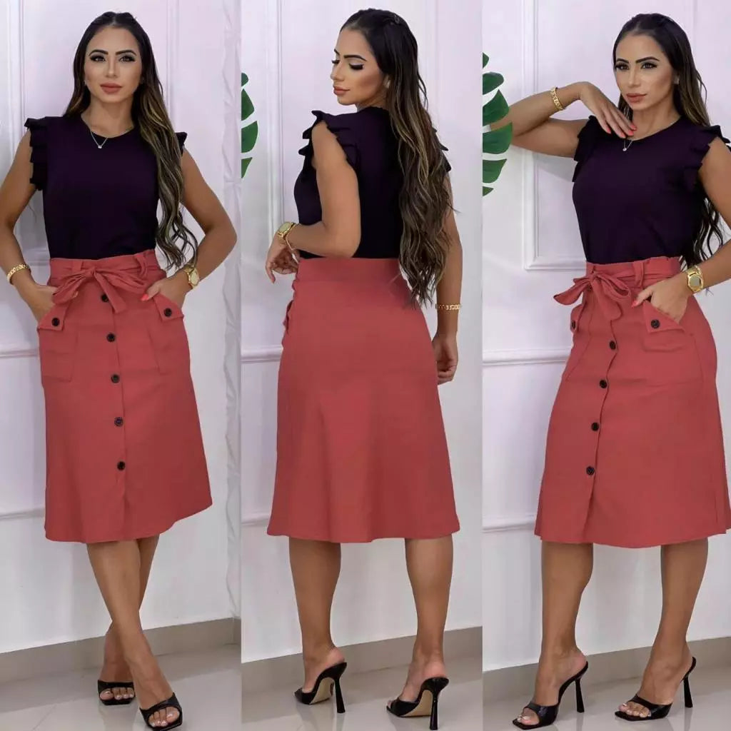 Saia evase de bengaline midi botoes fake com cinto embutido e bolsos laterais