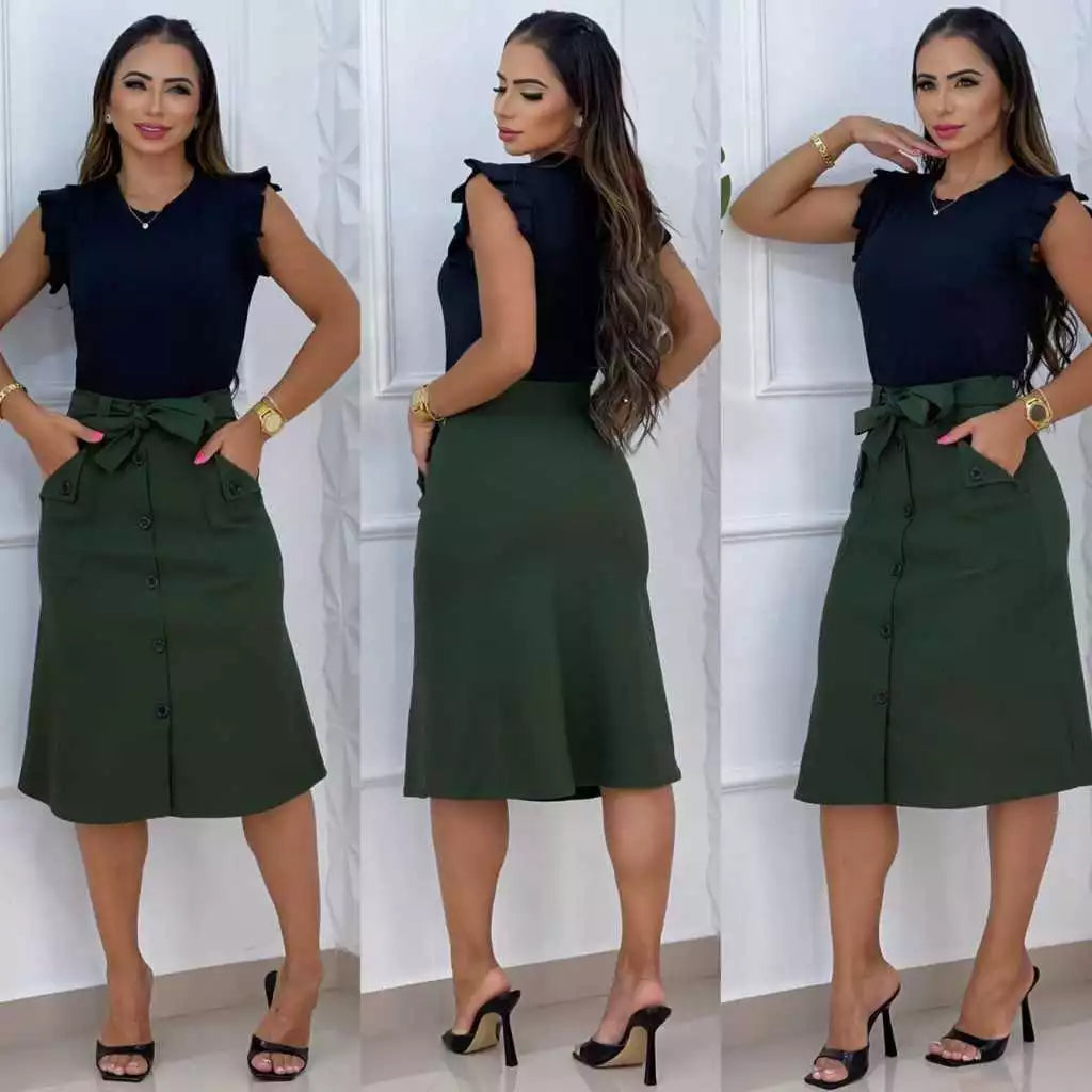 Saia evase de bengaline midi botoes fake com cinto embutido e bolsos laterais