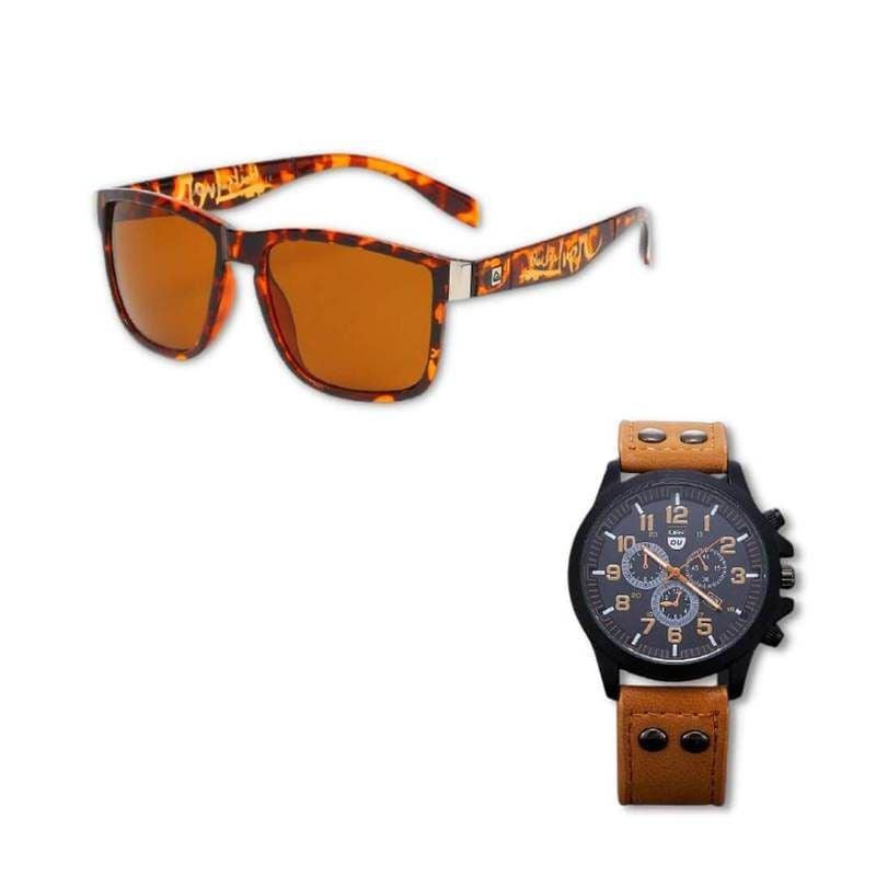 Óculos Quiksilver + Relogio Quartz Pulseira De Couro