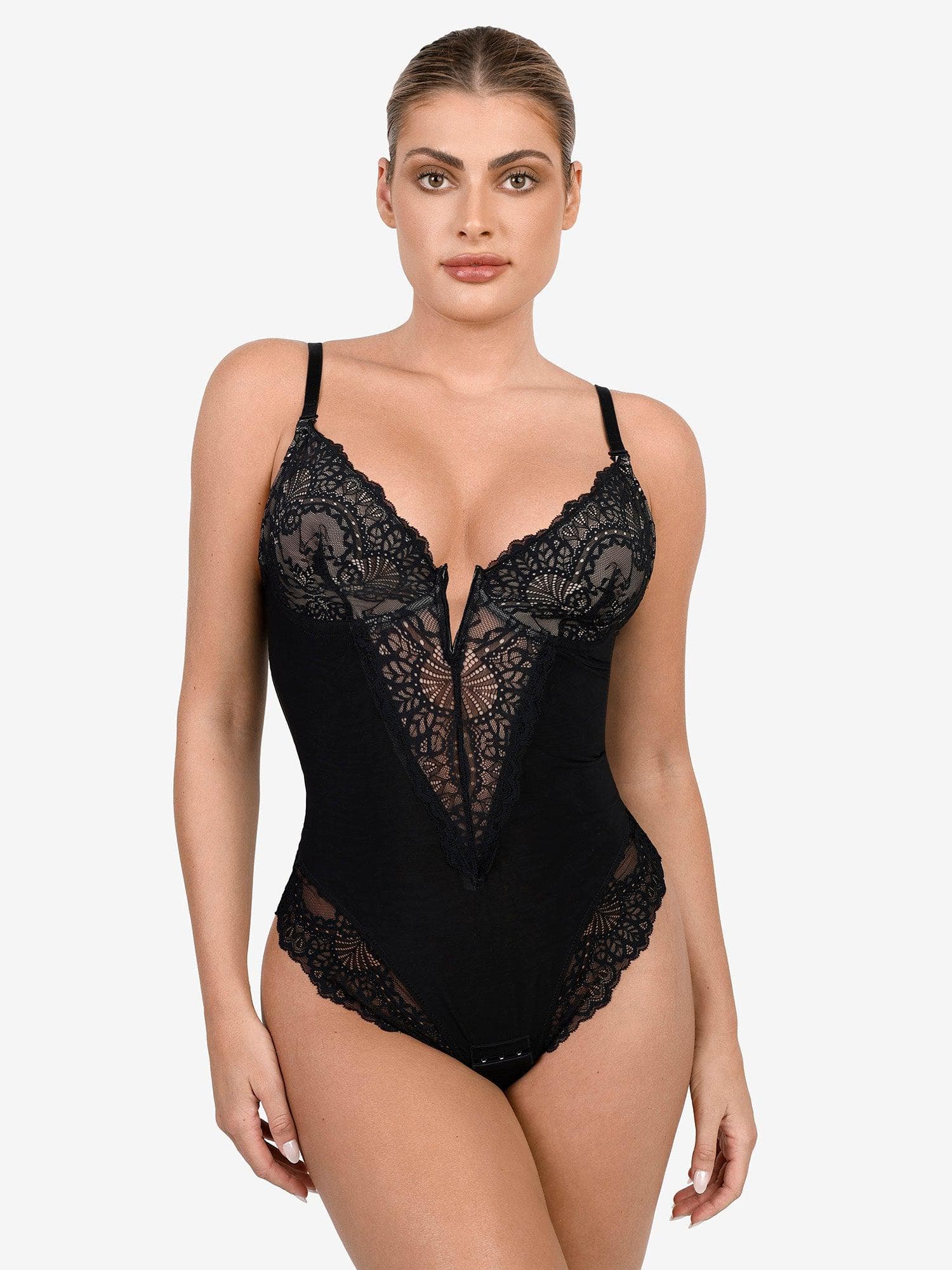 Sexy Spitzen-Body Shaper mit V-Ausschnitt oder Lederrock Invisatu
