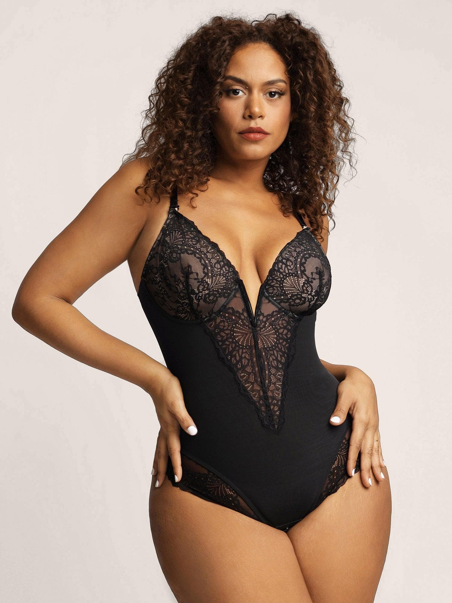 Sexy Spitzen-Body Shaper mit V-Ausschnitt oder Lederrock Invisatu