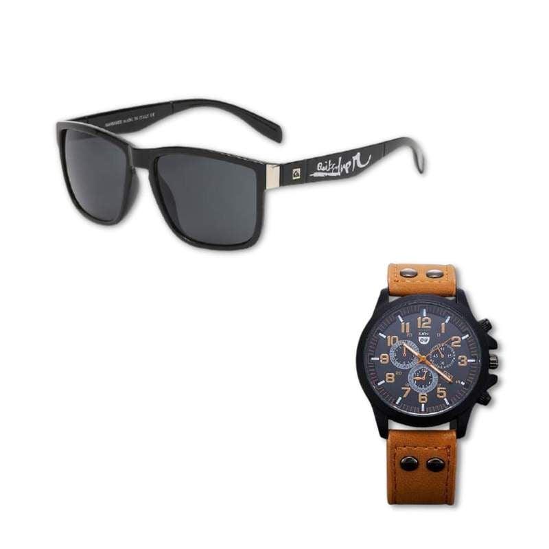 Óculos Quiksilver + Relogio Quartz Pulseira De Couro