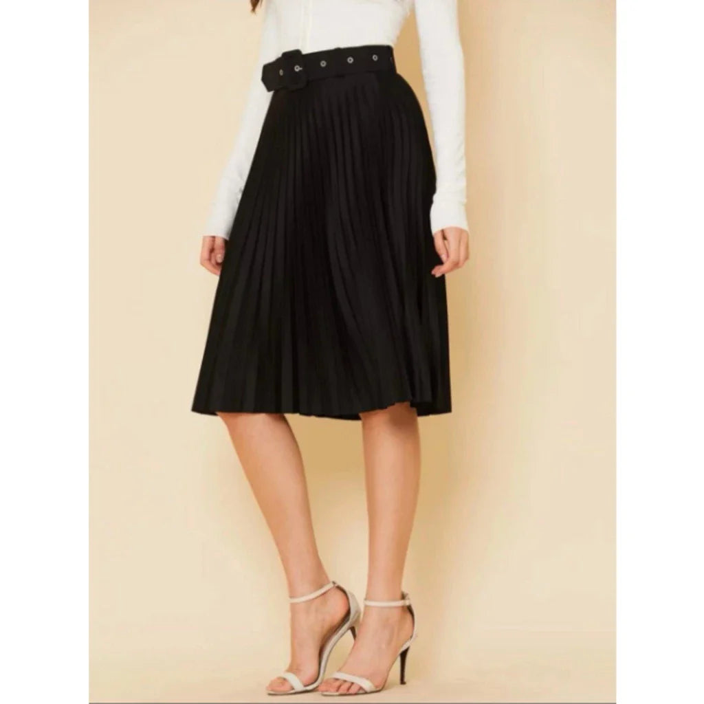 Saia Plissado Midi Com Cinto Forrada