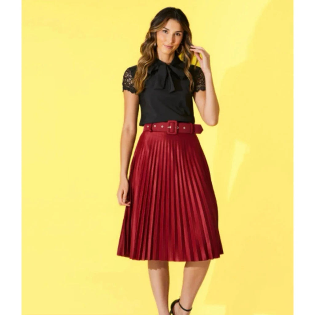 Saia Plissado Midi Com Cinto Forrada