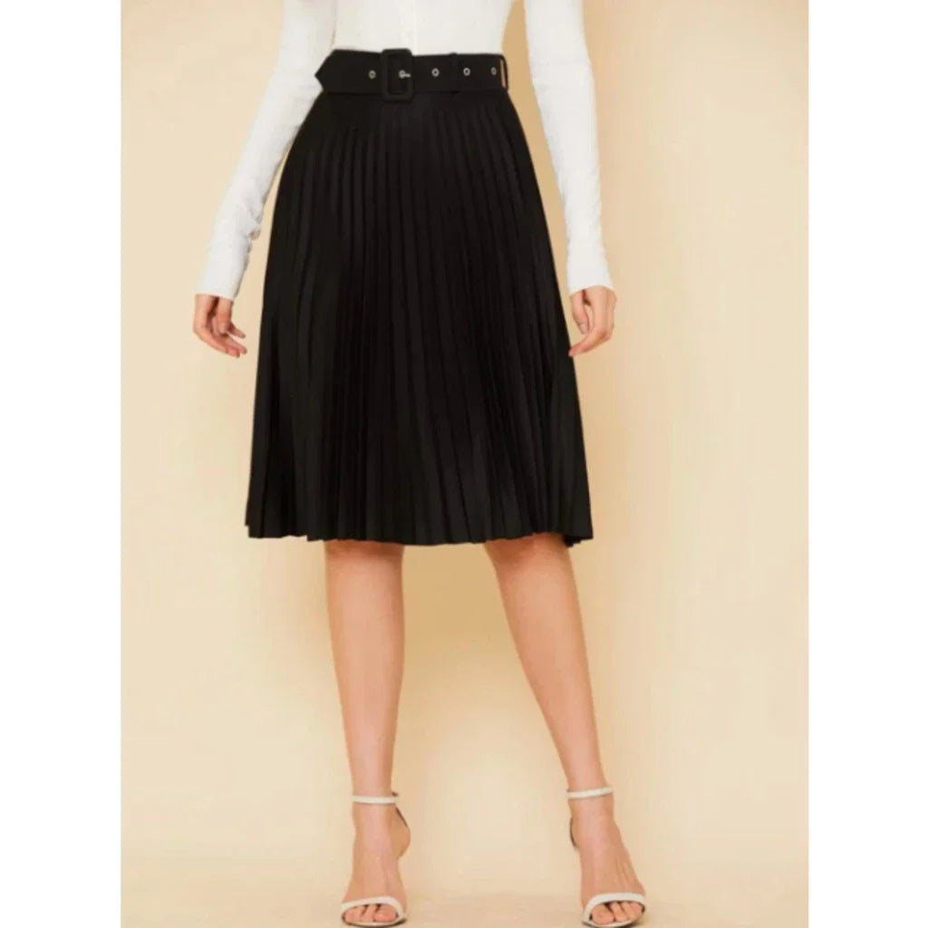 Saia Plissado Midi Com Cinto Forrada