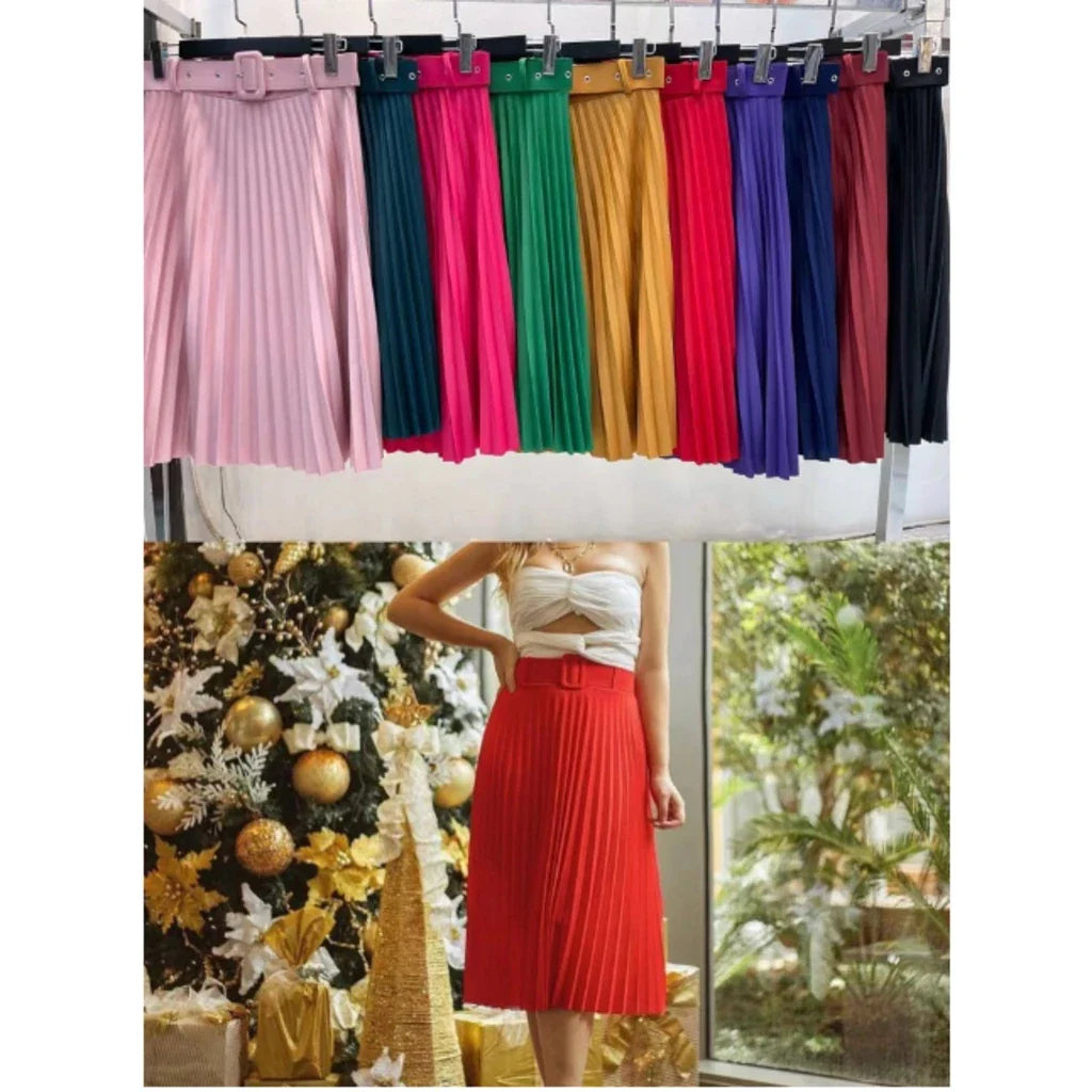 Saia Plissado Midi Com Cinto Forrada