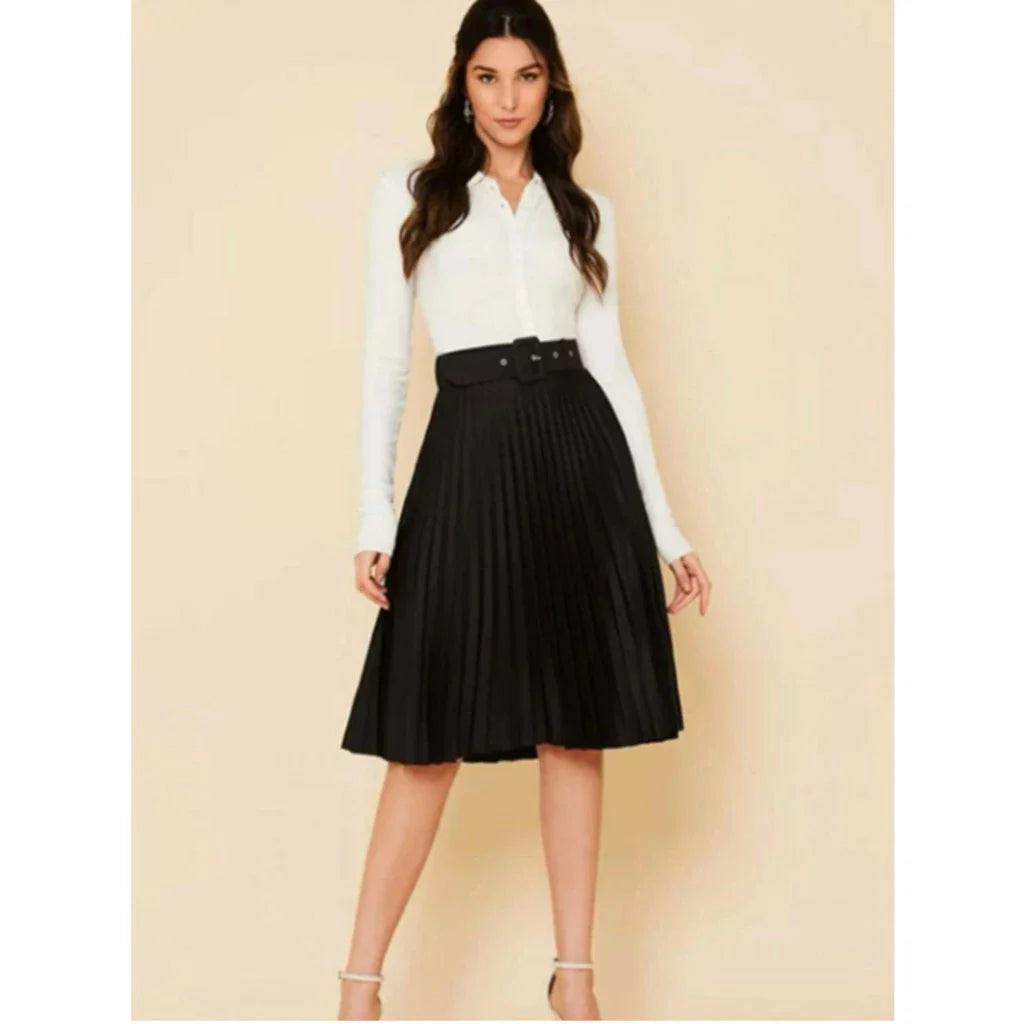 Saia Plissado Midi Com Cinto Forrada