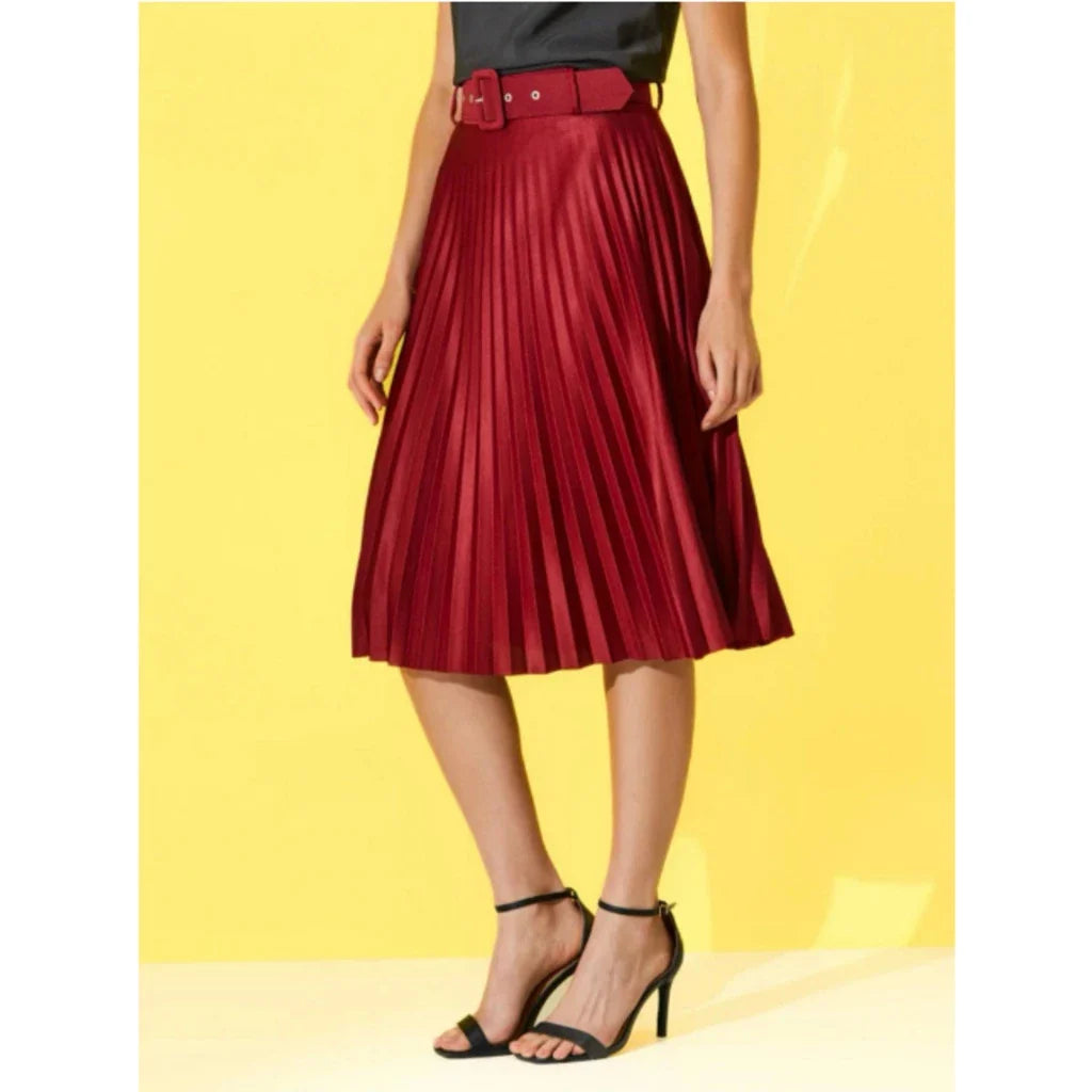 Saia Plissado Midi Com Cinto Forrada