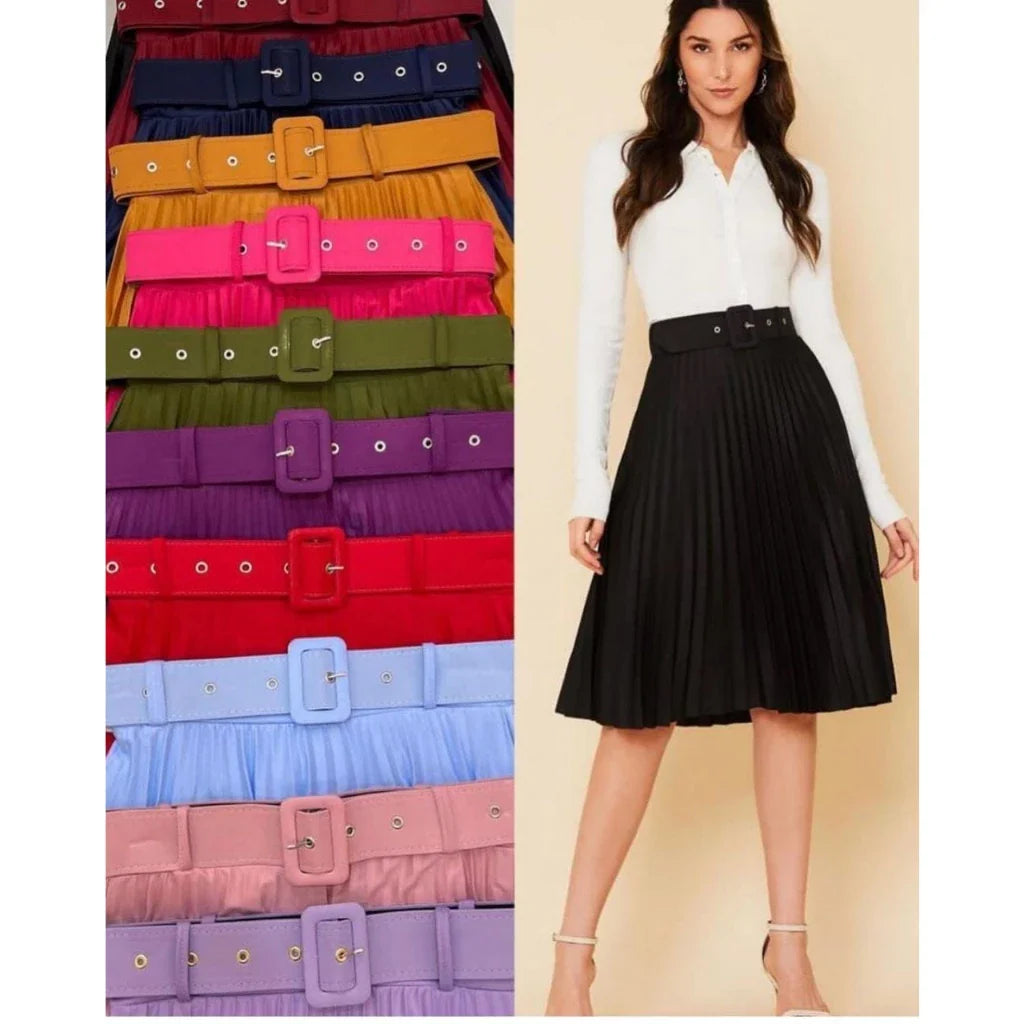Saia Plissado Midi Com Cinto Forrada